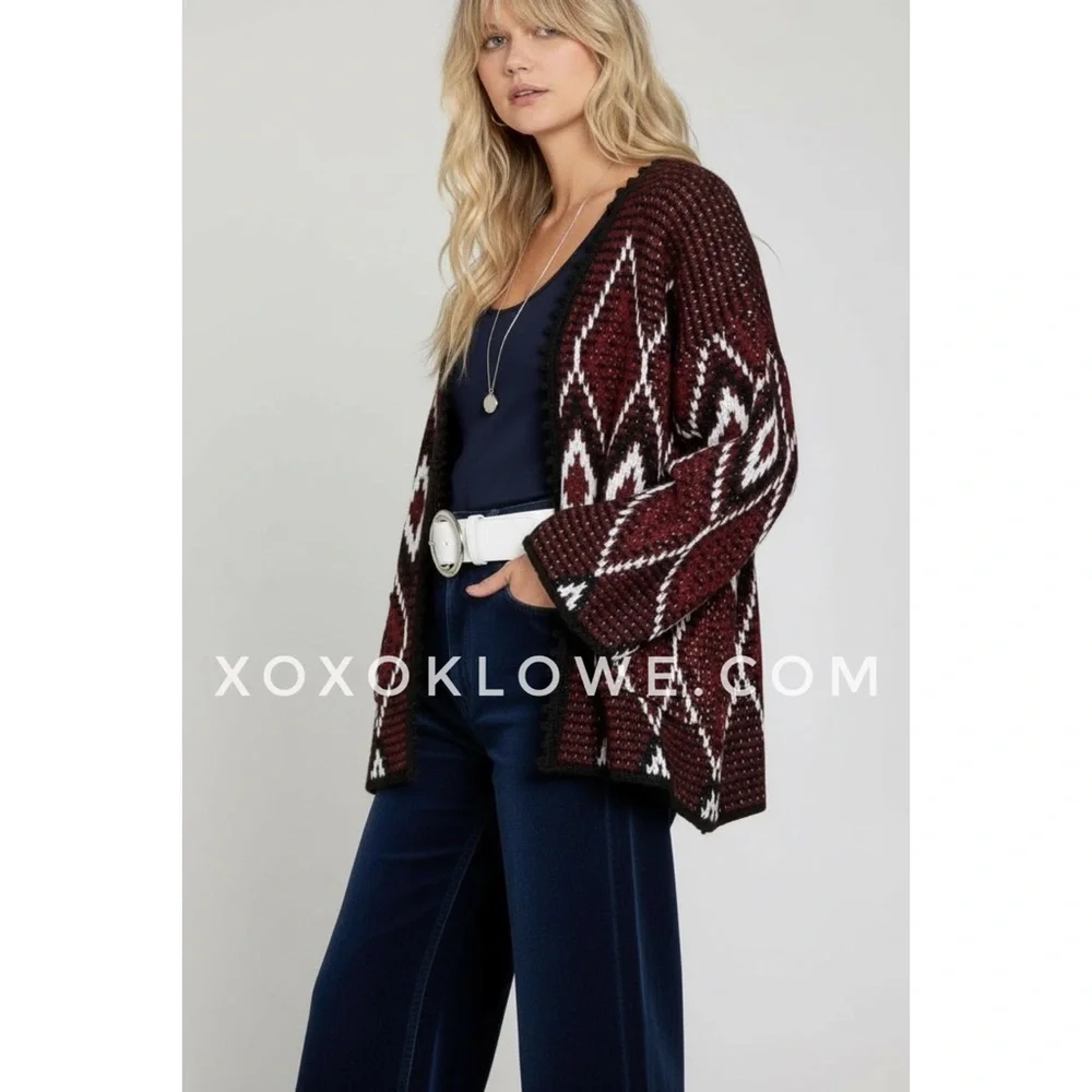 POL Burgundy Diamond Pattern Cardigan | Southwestern Chunky Knit Relaxed Fit - Picture 4 of 9